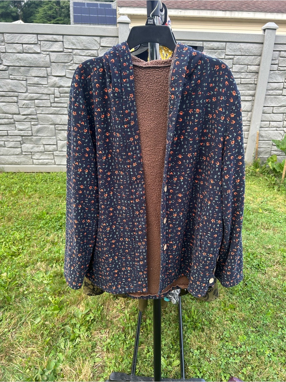 Source Unknown Navy Floral Lightweight Hooded Jacket with Brown Sherpa